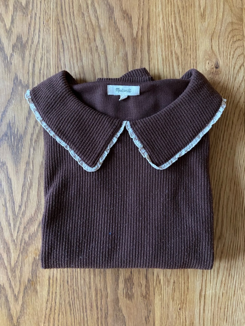Women’s Madewell Brown Ribbed Sweater with Contrast Trim Collar